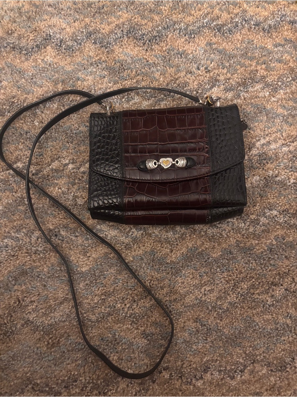 Brighton Vintage Croc-Embossed Black and Deep Burgundy Crossbody Bag